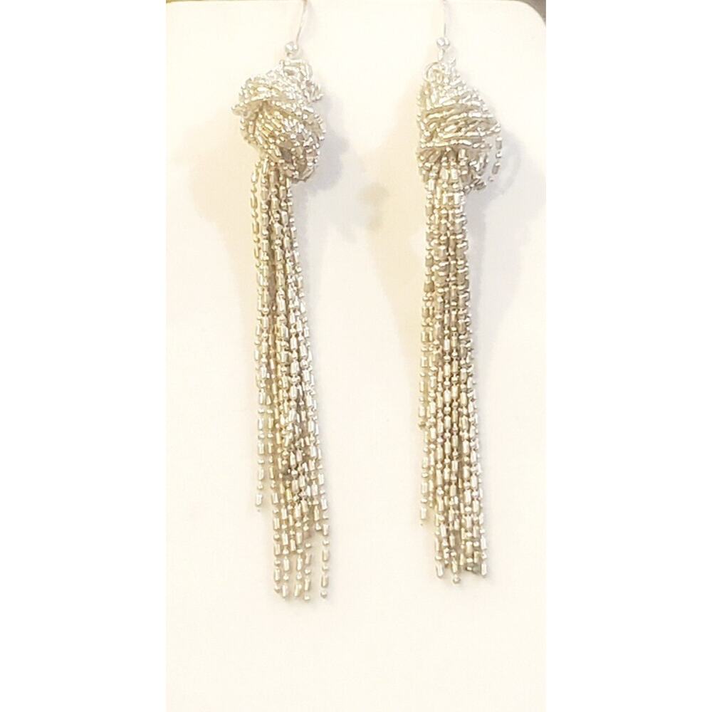 Silver Tone Tassel Earrings Long Chain Fringe Knot Dangle Bold Glam Statement 4"